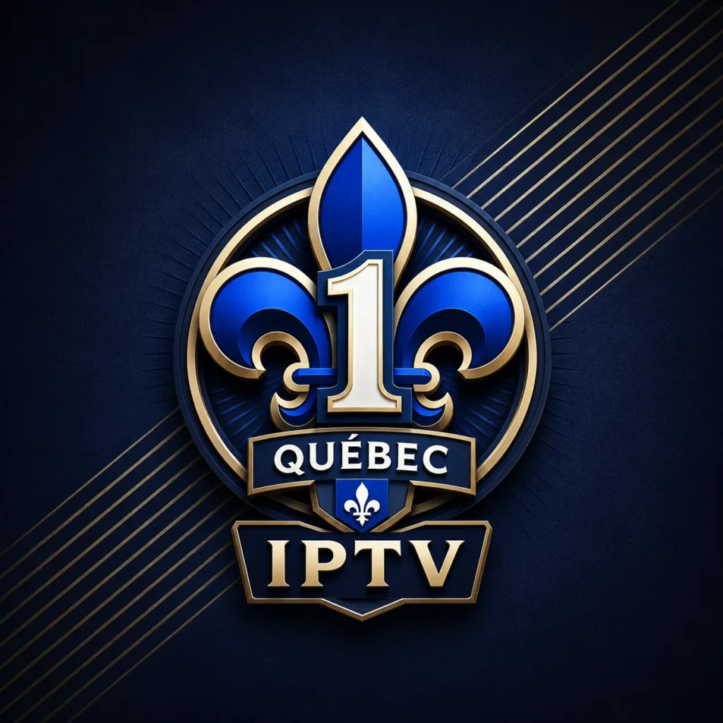 Logo IPTV Québec premium avec fleur de lys du Québec, design 3D bleu et or représentant le meilleur abonnement IPTV au Québec